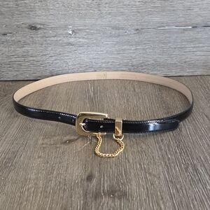 Vintage Code Azure Black Patent Leather Skinny Belt with Gold Chain Accent Sz 34